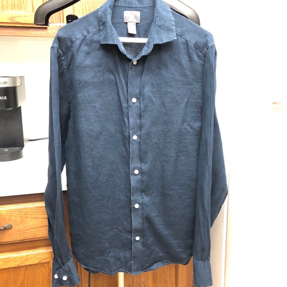 H&M Collared Button Up Navy Linen Shirt sz M